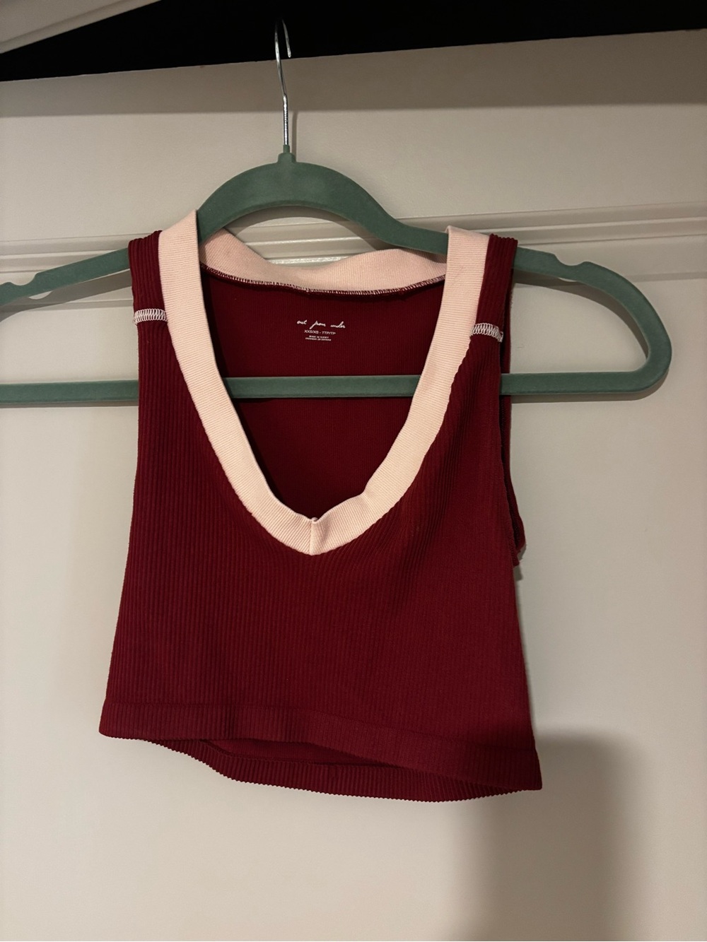 Urban Outfitters Ribbed Cropped Tank Top in Burgundy with Cream Trim